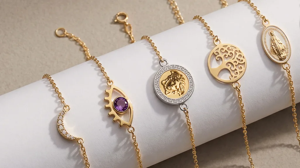 Cinq bracelets en or avec breloques variées médaille lune oeil et arbre de vie